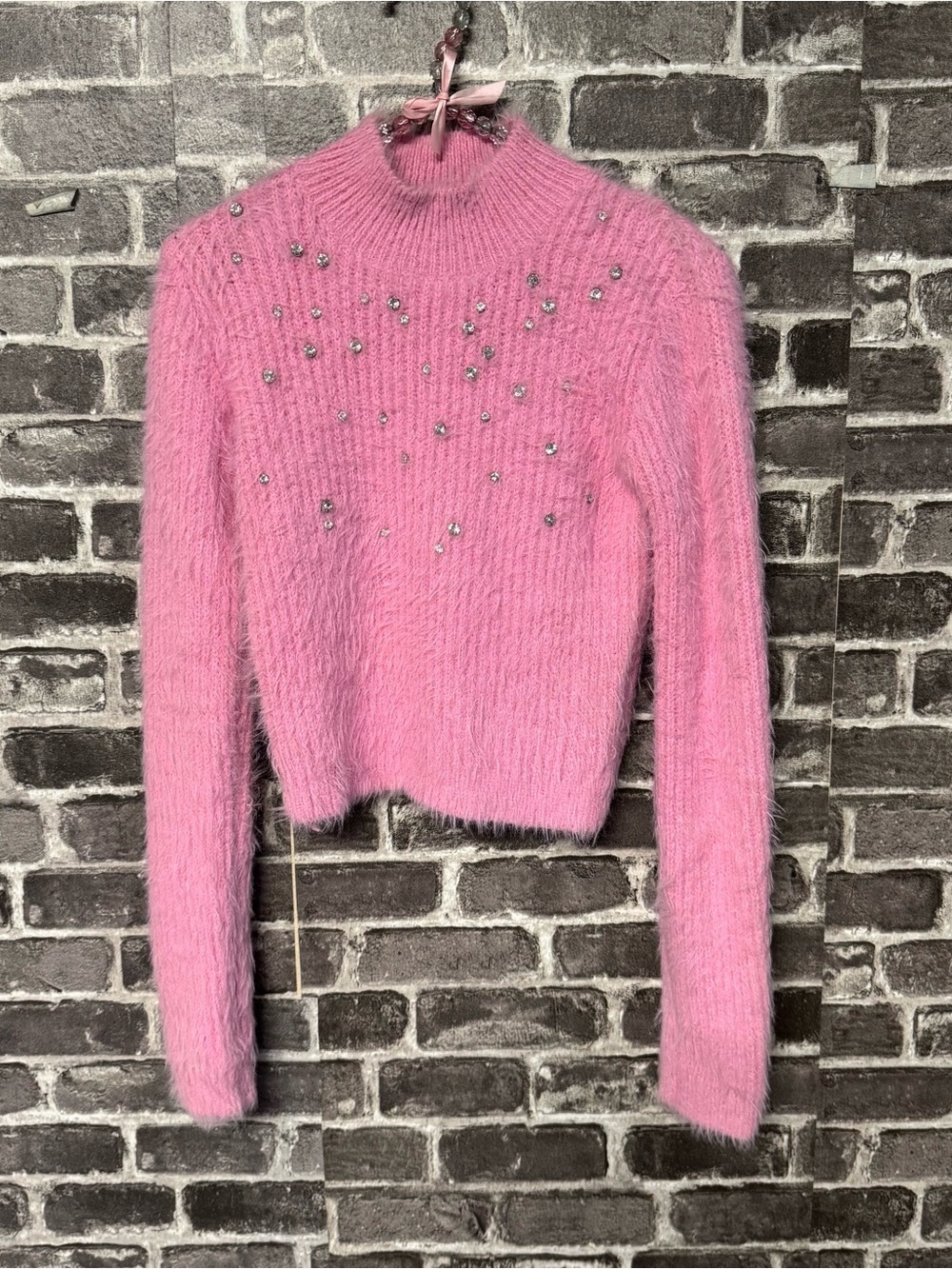 Zara faux fur jewel sweater Mock neck Pink fuzzy ribbed